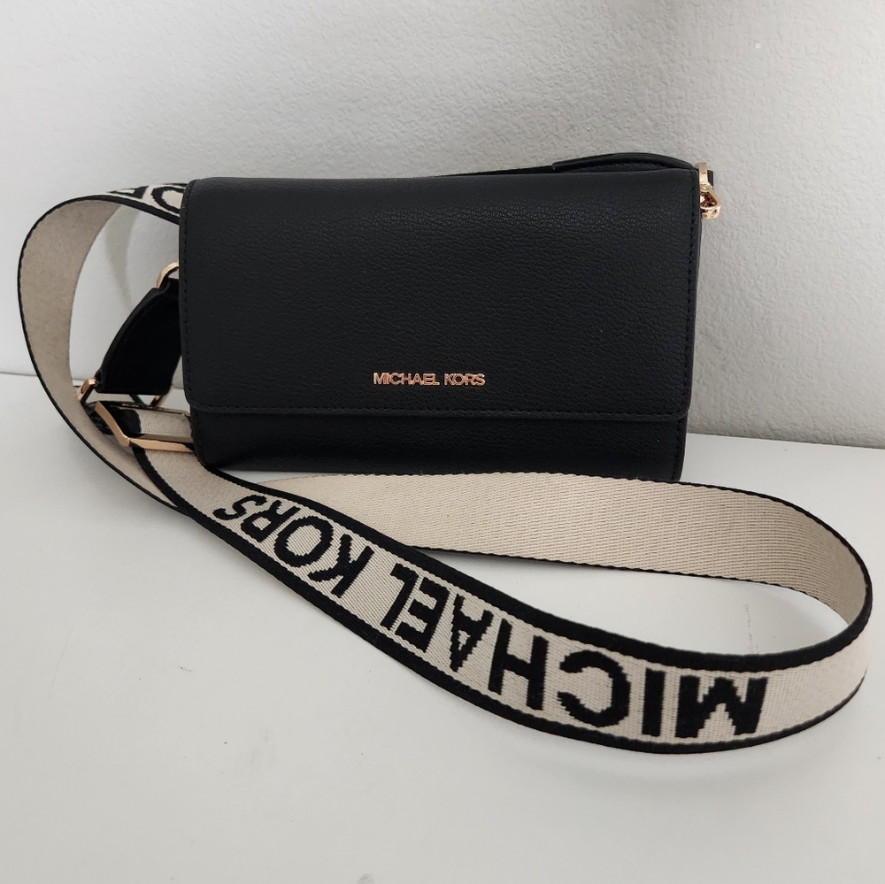 MICHAEL KORS black crossbody wallet purse bag LOGO strap fabric SOLD OUT